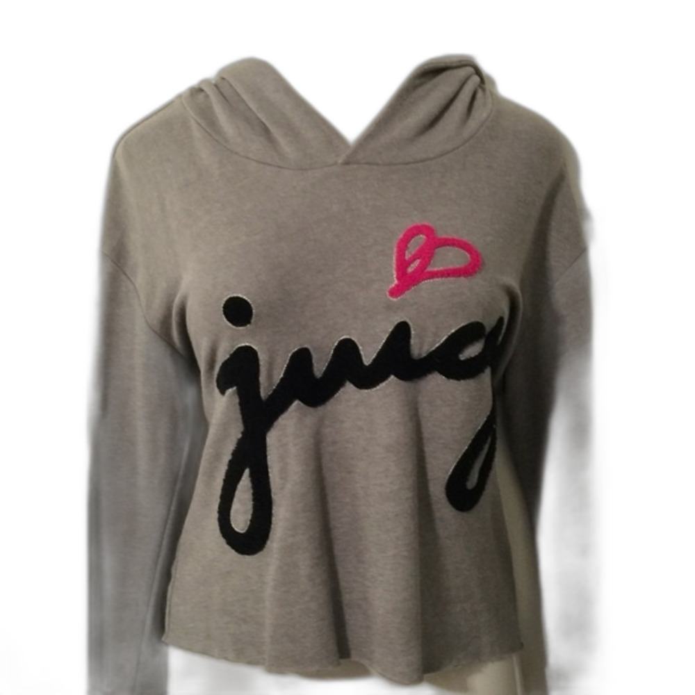 JUICY COUTRE HOODIE SWEATSHIRT CROP GREY BLACK PINK L Like EUC